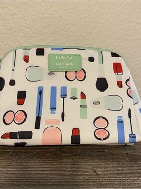 Clinique x Kate Spade Cosmetic Pouch Small White Green Makeup Travel Weekend